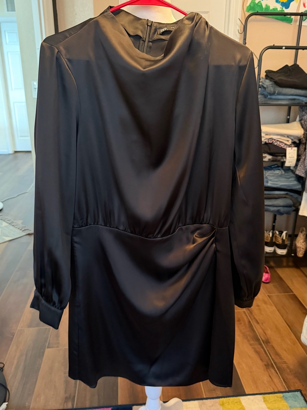 Zara Black Satin Long Sleeve Mini Dress